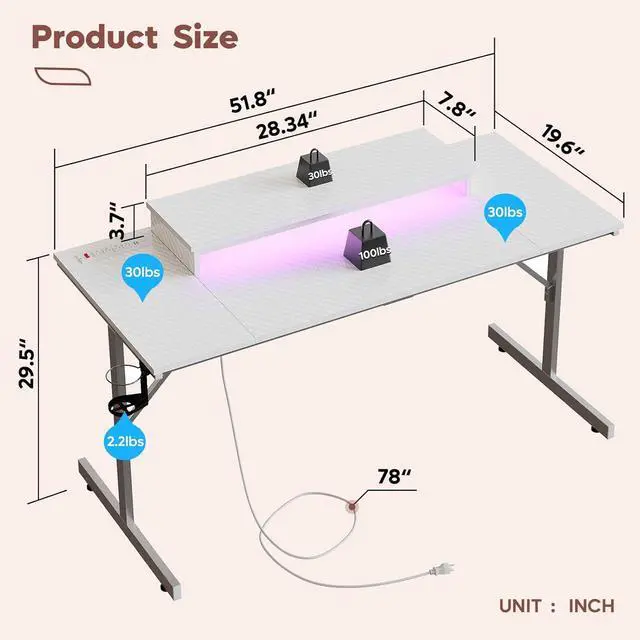 Alt view image 2 of 7 - 52 inch Gaming Desk with Power Outlets and USB Charging Ports, Computer Desk with LED Lights and Monitor Stand, Gamer Desk for Home Office, Easy to Assemble, Carbon Fiber White