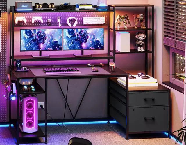 Main image of Gaming Desk with Hutch, 65in Reversible Computer Desk with Power Outlets LED Light, Home Office Desk with Monitor Stand 2 Drawers 4 Storage Shelves Pegboard 8 Hooks Mouse Pad (Black)