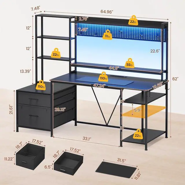Alt view image 2 of 7 - Gaming Desk with Hutch, 65in Reversible Computer Desk with Power Outlets LED Light, Home Office Desk with Monitor Stand 2 Drawers 4 Storage Shelves Pegboard 8 Hooks Mouse Pad (Black)