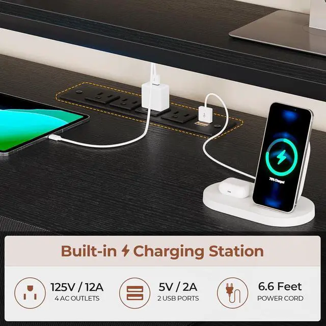 Alt view image 3 of 7 - Gaming Desk with Hutch, 65in Reversible Computer Desk with Power Outlets LED Light, Home Office Desk with Monitor Stand 2 Drawers 4 Storage Shelves Pegboard 8 Hooks Mouse Pad (Black)