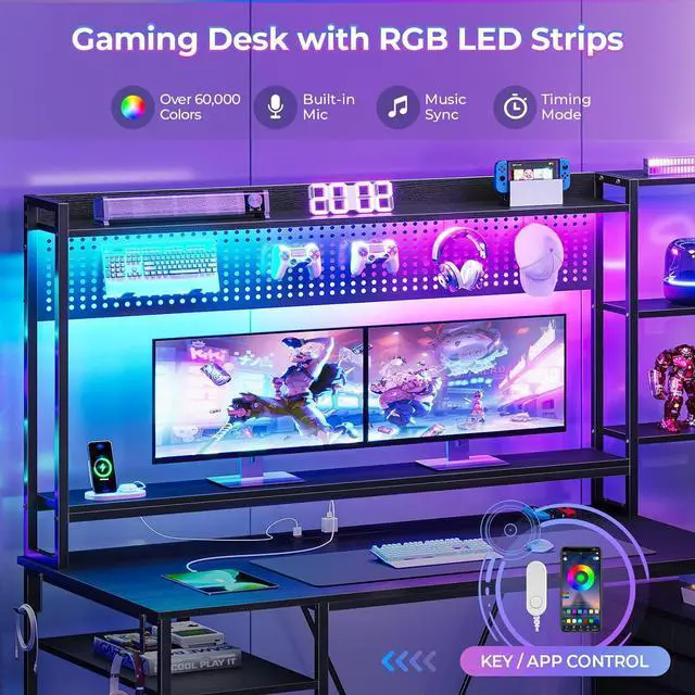 Alt view image 4 of 7 - Gaming Desk with Hutch, 65in Reversible Computer Desk with Power Outlets LED Light, Home Office Desk with Monitor Stand 2 Drawers 4 Storage Shelves Pegboard 8 Hooks Mouse Pad (Black)