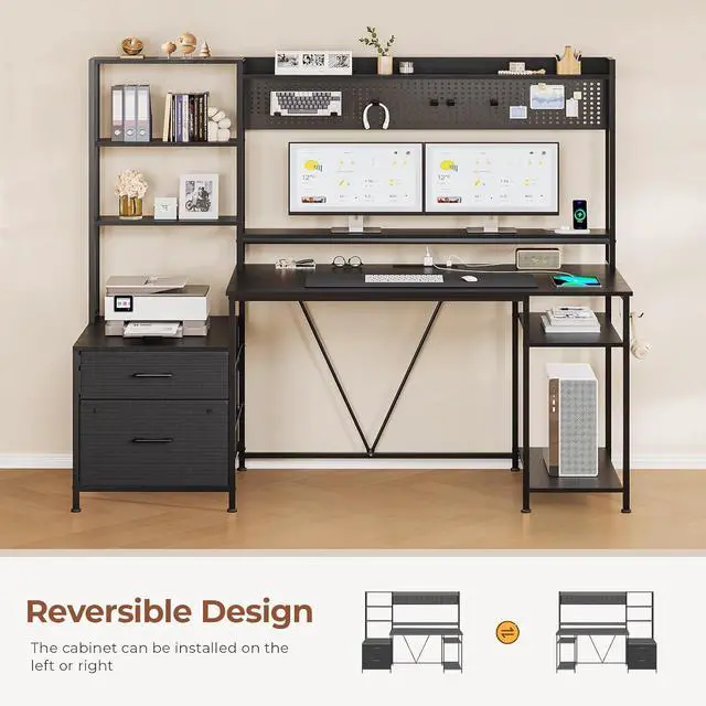 Alt view image 5 of 7 - Gaming Desk with Hutch, 65in Reversible Computer Desk with Power Outlets LED Light, Home Office Desk with Monitor Stand 2 Drawers 4 Storage Shelves Pegboard 8 Hooks Mouse Pad (Black)