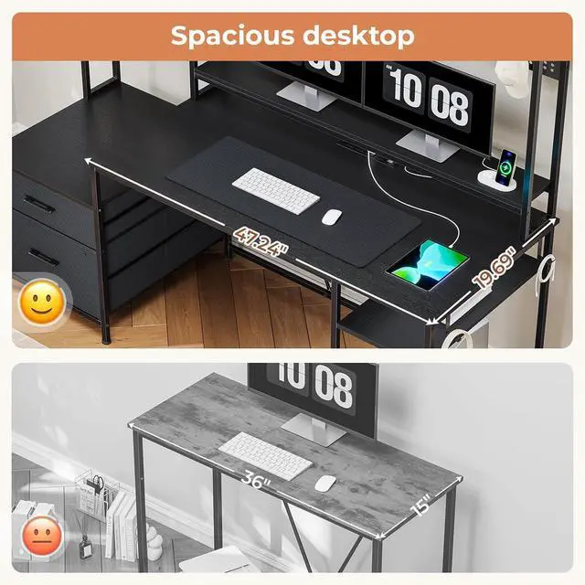 Alt view image 6 of 7 - Gaming Desk with Hutch, 65in Reversible Computer Desk with Power Outlets LED Light, Home Office Desk with Monitor Stand 2 Drawers 4 Storage Shelves Pegboard 8 Hooks Mouse Pad (Black)