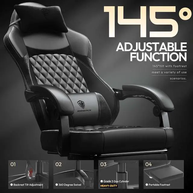 Alt view image 7 of 7 - Gaming Chair with Pocket Spring Cushion, Ergonomic Computer Chair with Massage Lumbar and Footrest for Adults, High Back Game Chair Leather for Office Gaming 300LBS, All White (Black)