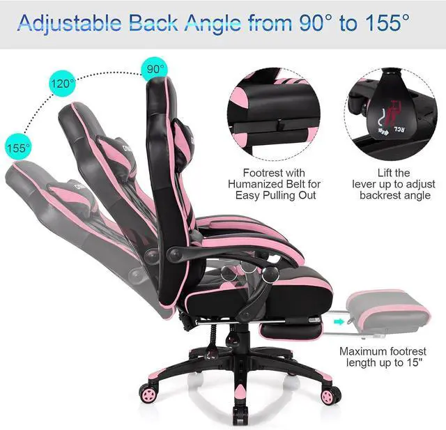 Alt view image 5 of 7 - Pink Gaming Chair Ergonomic Computer Chair for Adults Teens Reclining Gamer Chair High Back Game Chair Racing Style Desk Chair with Retractable Footrest, Lumbar Support and Headrest