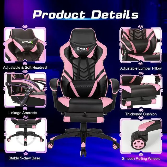 Alt view image 7 of 7 - Pink Gaming Chair Ergonomic Computer Chair for Adults Teens Reclining Gamer Chair High Back Game Chair Racing Style Desk Chair with Retractable Footrest, Lumbar Support and Headrest