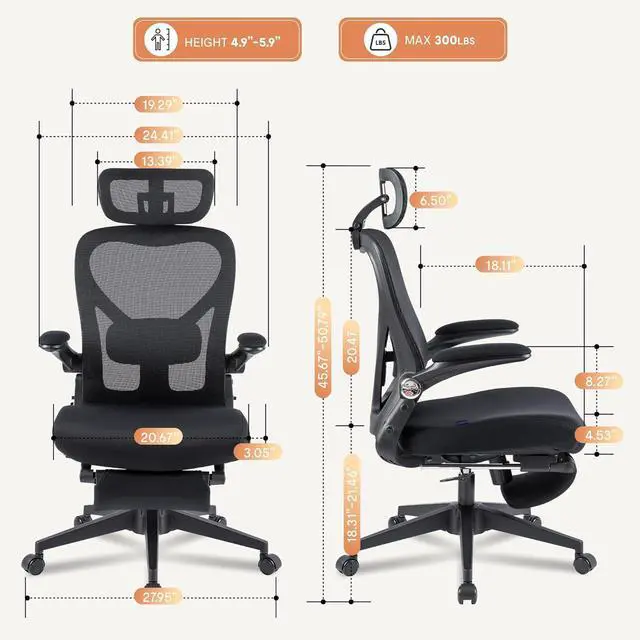 Alt view image 3 of 7 - FoldeX Foldable Office Chair with Foot Rest, Adjustable Headrest, Flip-Up Arms & Lumbar Support  Space-Saving Ergonomic Mesh Desk Chair for Small Home Office, Black