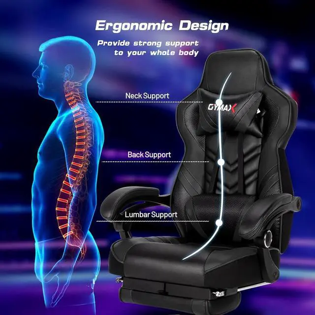Alt view image 4 of 7 - Black Gaming Chair Ergonomic Computer Chair for Adults Teens Reclining Gamer Chair High Back Game Chair Racing Style Desk Chair with Retractable Footrest, Lumbar Support and Headrest