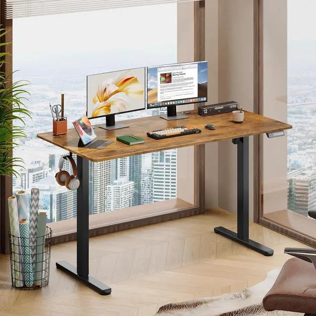 Alt view image 2 of 7 - Electric Standing Desk, 55 X 28 Inches Adjustable Height Stand up Desk for Home Office, Large Ergonomic Sit to Stand Desk with Headphone Hook, 3 Memory Preset Computer Desk, Rustic Brown