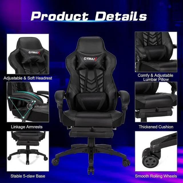 Alt view image 7 of 7 - Black Gaming Chair Ergonomic Computer Chair for Adults Teens Reclining Gamer Chair High Back Game Chair Racing Style Desk Chair with Retractable Footrest, Lumbar Support and Headrest