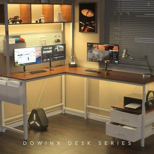 Alt view image 2 of 7 - Dowinx L Shaped Desk with Pegboard and Drawers, Reversible 67 Gaming Desk with RGB Light and Power Outlet, Computer Corner Desk with Storage and Hutch for Game Office Home, Brown