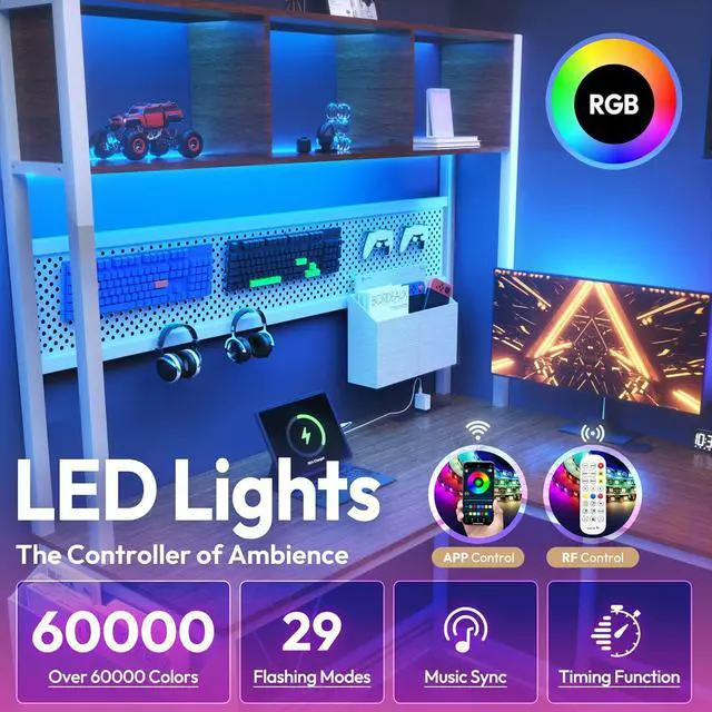 Alt view image 5 of 7 - Dowinx L Shaped Desk with Pegboard and Drawers, Reversible 67 Gaming Desk with RGB Light and Power Outlet, Computer Corner Desk with Storage and Hutch for Game Office Home, Brown