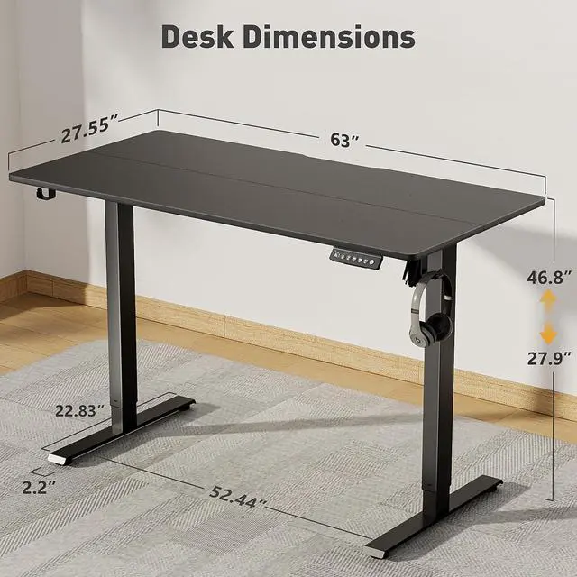 Alt view image 3 of 7 - 63 x 28 Inch Electric Standing Desk Adjustable Height with Wheels,Sit Stand Up Desk,Home Office,Rising Desk,Computer Workstation Gaming Rolling Work (Spliced Desktop,Black)