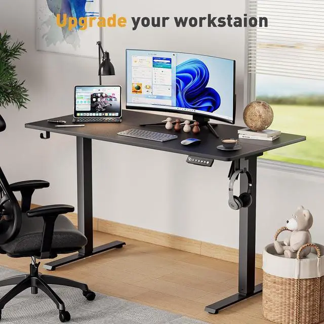 Alt view image 5 of 7 - 63 x 28 Inch Electric Standing Desk Adjustable Height with Wheels,Sit Stand Up Desk,Home Office,Rising Desk,Computer Workstation Gaming Rolling Work (Spliced Desktop,Black)