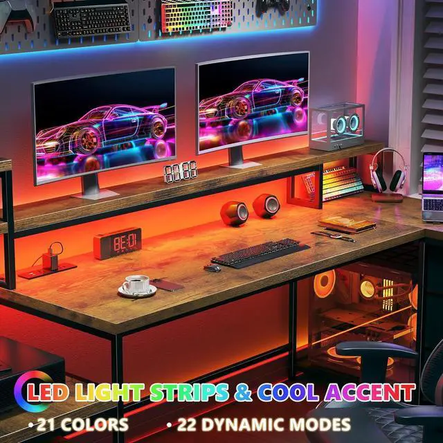 Alt view image 5 of 7 - EnHomee 71" L Shaped Computer Desk with 3 Drawers & Hutch,Reversible Gaming Desk with LED Lights & Power Outlet,Home Office Desks with Monitor Stand & Printer Shelf for Student School Rustic Brown