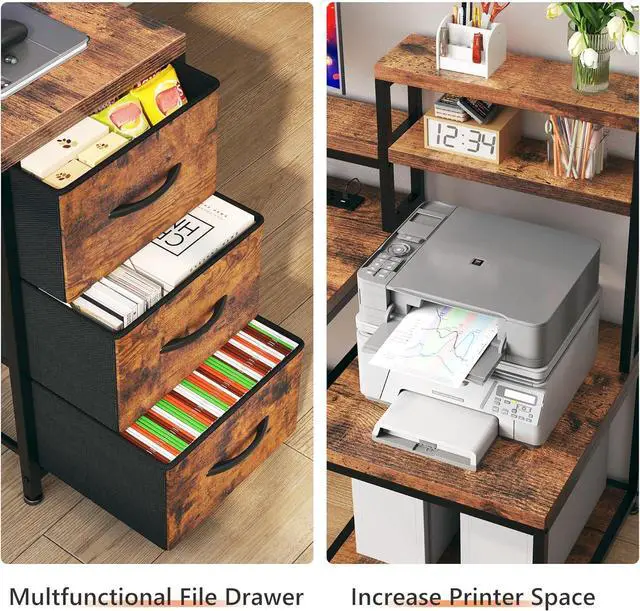 Alt view image 3 of 7 - EnHomee 71" L Shaped Computer Desk with 3 Drawers & Hutch,Reversible Gaming Desk with LED Lights & Power Outlet,Home Office Desks with Monitor Stand & Printer Shelf for Student School Rustic Brown
