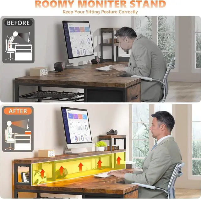 Alt view image 7 of 7 - EnHomee 71" L Shaped Computer Desk with 3 Drawers & Hutch,Reversible Gaming Desk with LED Lights & Power Outlet,Home Office Desks with Monitor Stand & Printer Shelf for Student School Rustic Brown