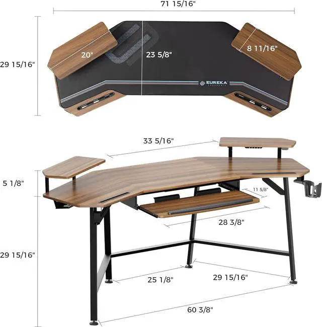 Alt view image 3 of 7 - 72" Gaming Desk W Keyboard Tray, Wing-Shaped Music Studio Desk, Large Computer Table W LED Convertible Monitor Stand Dual Headphone Hanger for Recording Live Streamer, Walnut Wood