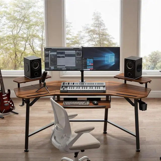 Alt view image 2 of 7 - 72" Gaming Desk W Keyboard Tray, Wing-Shaped Music Studio Desk, Large Computer Table W LED Convertible Monitor Stand Dual Headphone Hanger for Recording Live Streamer, Walnut Wood