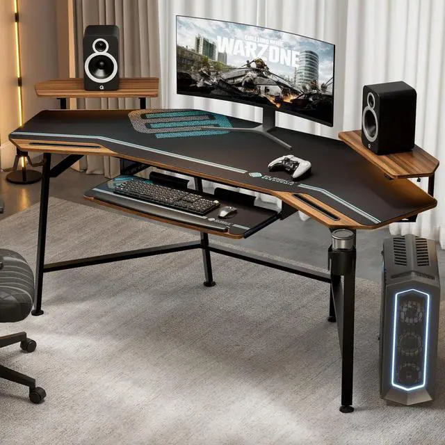 Alt view image 4 of 7 - 72" Gaming Desk W Keyboard Tray, Wing-Shaped Music Studio Desk, Large Computer Table W LED Convertible Monitor Stand Dual Headphone Hanger for Recording Live Streamer, Walnut Wood