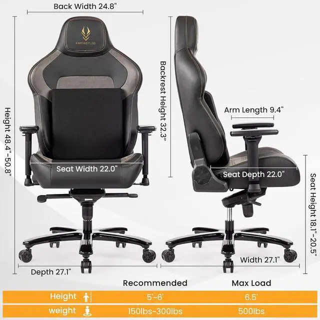 Alt view image 2 of 7 - Big & Tall Gaming Chair 440lb Metal Base Memory Foam Lumbar Seat Cushion 4D Adjustable Arms Swivels & Reclines Ergonomic High-Back Racing Computer Gaming Chair, Black