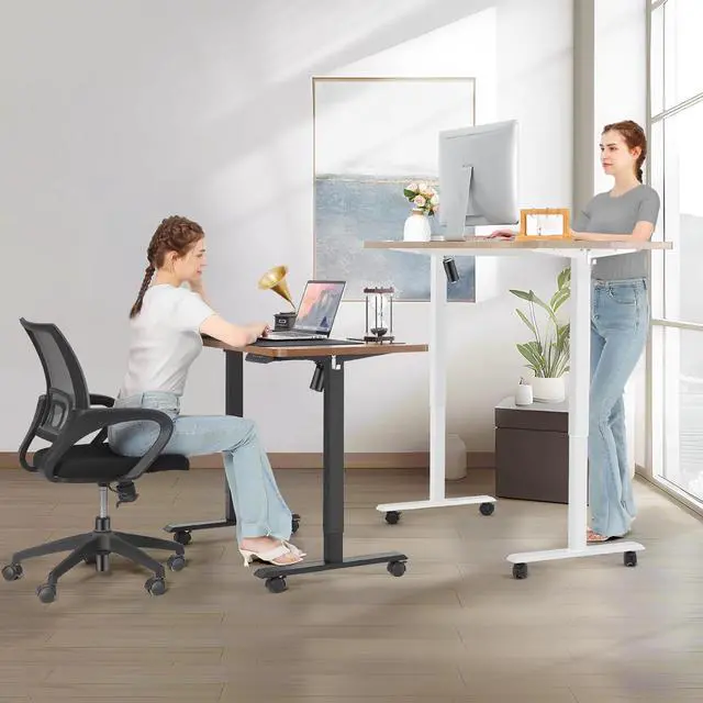 Alt view image 5 of 7 - Electric Standing Desk Adjustable Height, 55x24 Inches Computer Desk with Ergonomically Curved Desktop, Multifunctional Stand up Desk for Home/Office(Brown)