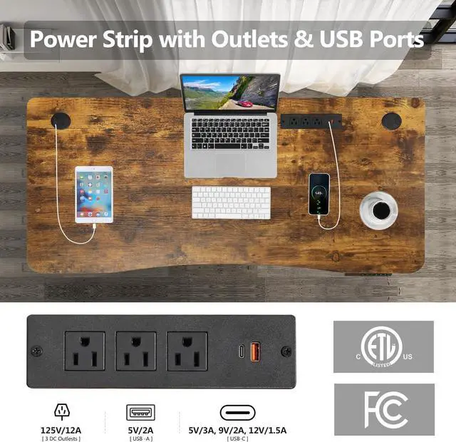 Alt view image 3 of 7 - 55 x 24 inch Standing Desk Electric Adjustable Height with Charging Station, Stand up Desk with Oversized Mouse Pad, Ergonomic Curved Workstation, 4 Caster, 4 Preset Heights Easy to SetBrown