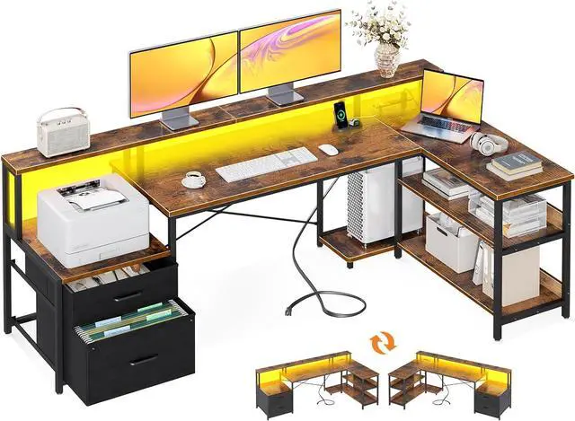 Main image of L Shaped Desk with File Drawer, 75" Reversible L Shaped Computer Desk with Power Outlet & LED Strip, Office Desk with Storage Shelves, Gaming Desk with Monitor Shelf, Corner Desk, Vintage