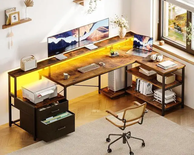 Alt view image 2 of 7 - L Shaped Desk with File Drawer, 75" Reversible L Shaped Computer Desk with Power Outlet & LED Strip, Office Desk with Storage Shelves, Gaming Desk with Monitor Shelf, Corner Desk, Vintage