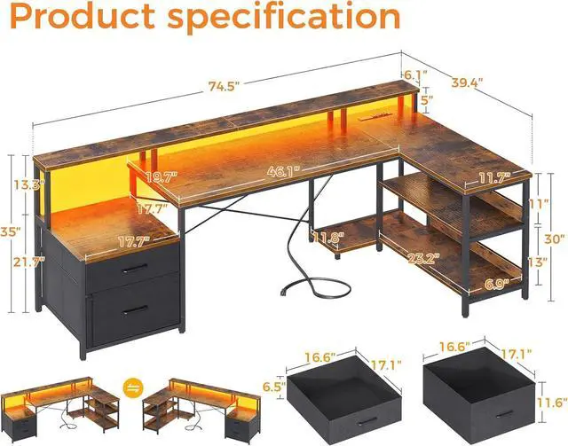 Alt view image 3 of 7 - L Shaped Desk with File Drawer, 75" Reversible L Shaped Computer Desk with Power Outlet & LED Strip, Office Desk with Storage Shelves, Gaming Desk with Monitor Shelf, Corner Desk, Vintage