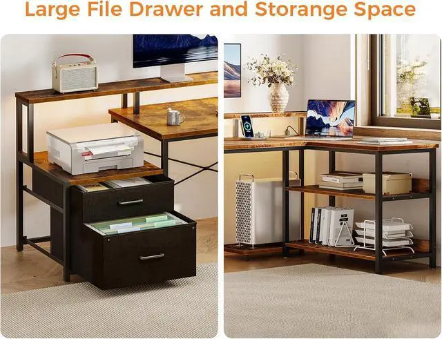 Alt view image 4 of 7 - L Shaped Desk with File Drawer, 75" Reversible L Shaped Computer Desk with Power Outlet & LED Strip, Office Desk with Storage Shelves, Gaming Desk with Monitor Shelf, Corner Desk, Vintage