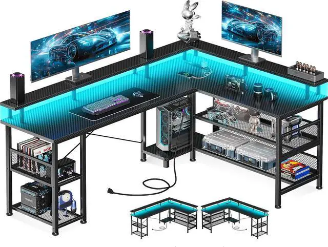 Main image of 59" L Shaped Gaming Desk with Power Outlet and LED Lights, PC Gaming Table with USB Ports, Reversible L Shape Desk with Storage Shelves & Monitor Stand, Home Office Desk, Black Carbon Fiber