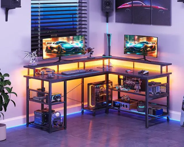 Alt view image 2 of 7 - 59" L Shaped Gaming Desk with Power Outlet and LED Lights, PC Gaming Table with USB Ports, Reversible L Shape Desk with Storage Shelves & Monitor Stand, Home Office Desk, Black Carbon Fiber