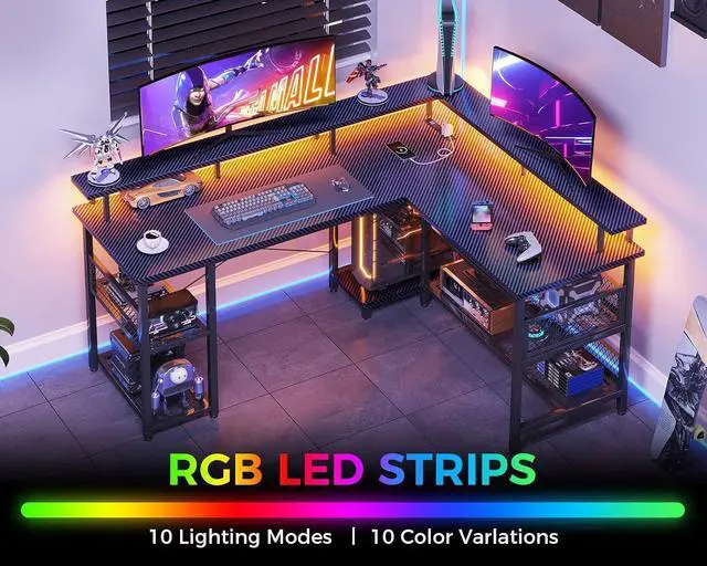 Alt view image 5 of 7 - 59" L Shaped Gaming Desk with Power Outlet and LED Lights, PC Gaming Table with USB Ports, Reversible L Shape Desk with Storage Shelves & Monitor Stand, Home Office Desk, Black Carbon Fiber