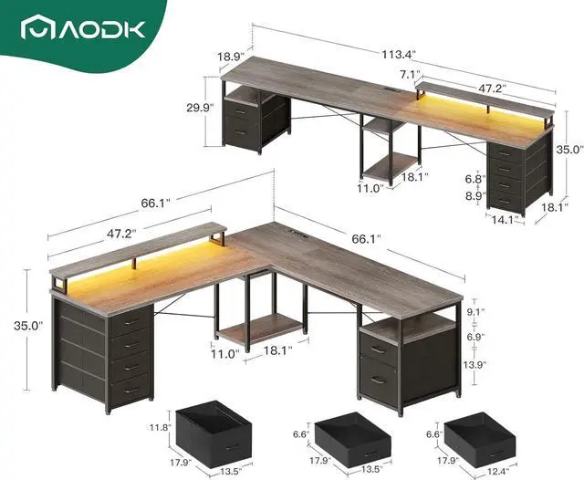 Alt view image 2 of 7 - 66" L Shaped Desk, 113" Computer Desk with File Cabinet & 4 Fabric Drawers, Home Office Desk with Monitor Shelf & Power Outlet, Two Person Desk or Corner Desk, Gaming Table with LED Light, Grey
