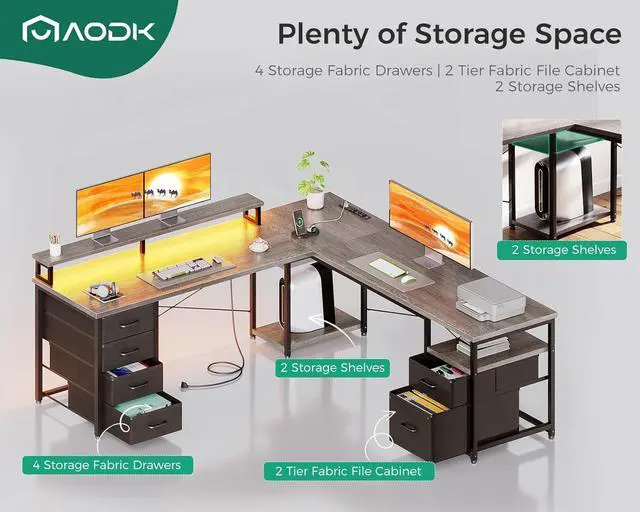 Alt view image 3 of 7 - 66" L Shaped Desk, 113" Computer Desk with File Cabinet & 4 Fabric Drawers, Home Office Desk with Monitor Shelf & Power Outlet, Two Person Desk or Corner Desk, Gaming Table with LED Light, Grey