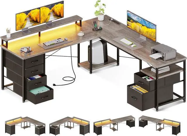 Main image of 66" L Shaped Desk, 113" Computer Desk with File Cabinet & 4 Fabric Drawers, Home Office Desk with Monitor Shelf & Power Outlet, Two Person Desk or Corner Desk, Gaming Table with LED Light, Grey