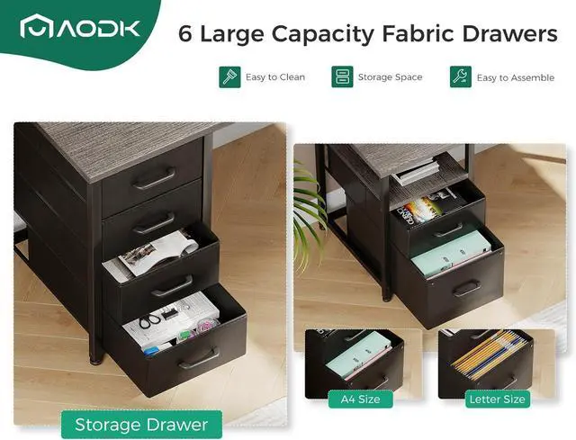 Alt view image 4 of 7 - 66" L Shaped Desk, 113" Computer Desk with File Cabinet & 4 Fabric Drawers, Home Office Desk with Monitor Shelf & Power Outlet, Two Person Desk or Corner Desk, Gaming Table with LED Light, Grey