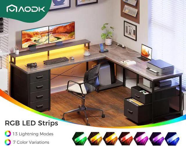 Alt view image 6 of 7 - 66" L Shaped Desk, 113" Computer Desk with File Cabinet & 4 Fabric Drawers, Home Office Desk with Monitor Shelf & Power Outlet, Two Person Desk or Corner Desk, Gaming Table with LED Light, Grey