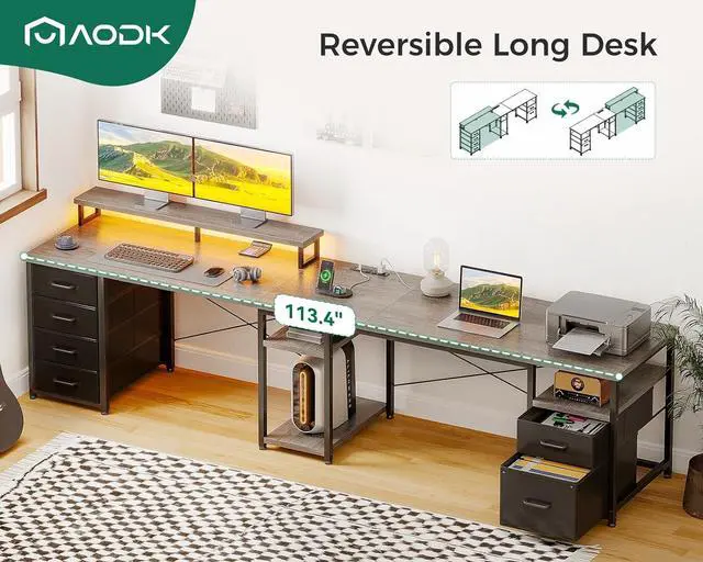 Alt view image 7 of 7 - 66" L Shaped Desk, 113" Computer Desk with File Cabinet & 4 Fabric Drawers, Home Office Desk with Monitor Shelf & Power Outlet, Two Person Desk or Corner Desk, Gaming Table with LED Light, Grey