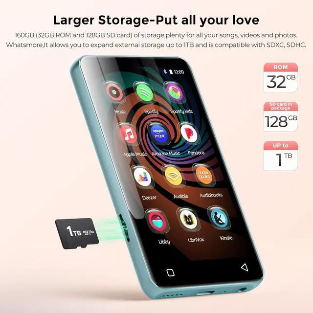 Alt view image 4 of 7 - 160GB MP3 Player with Bluetooth and WiFi,  Music Player with Spotify,Pandora,Amazon Music,4" Touch Screen Android MP4 MP3 Player for Kids with Libby,Audible,Spotify Kids (SkyBlue)