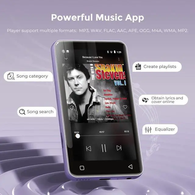 Alt view image 3 of 7 - 80GB MP3 Player with Bluetooth and WiFi, MP3 Player for Kids with Spotify, Spotify Kids, Pandora, Audible, 4.0" Touch Screen Music Player with Parental Controls, Up to 1TB (White+ Purple)