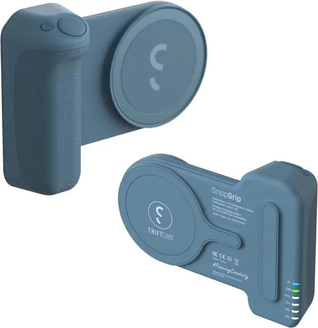 Alt view image 2 of 7 - SnapGrip - Mobile Phone Camera Grip with Wireless Shutter Button - Magnetic Mount Snaps on to Any Phone - Built in Powerbank with Qi Wireless Charging - Tabletop Dock | Blue Jay
