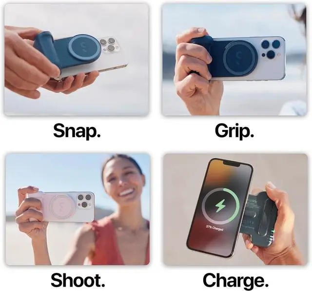 Alt view image 3 of 7 - SnapGrip - Mobile Phone Camera Grip with Wireless Shutter Button - Magnetic Mount Snaps on to Any Phone - Built in Powerbank with Qi Wireless Charging - Tabletop Dock | Blue Jay