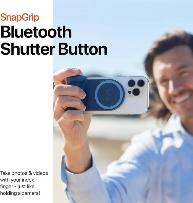 Alt view image 4 of 7 - SnapGrip - Mobile Phone Camera Grip with Wireless Shutter Button - Magnetic Mount Snaps on to Any Phone - Built in Powerbank with Qi Wireless Charging - Tabletop Dock | Blue Jay