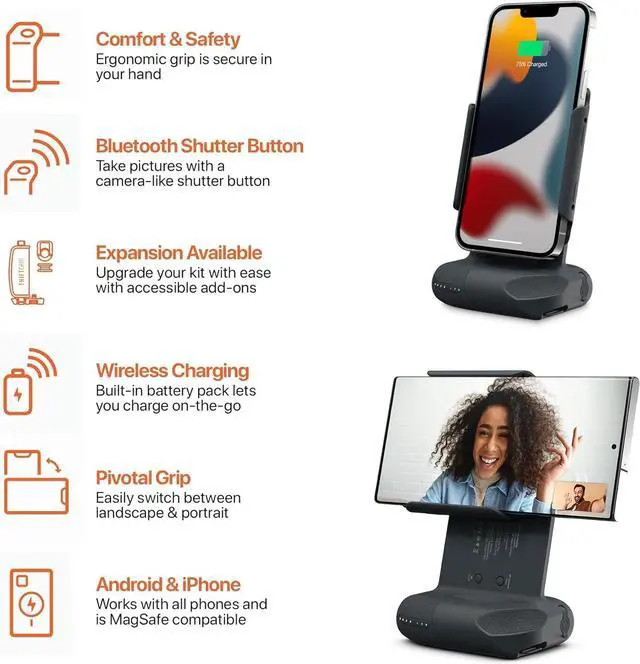 Alt view image 5 of 7 - ProGrip Starter Kit - DSLR Style Mobile Battery Grip - Wireless Shutter Button - Built in Powerbank - Qi Wireless Charging - Freestanding Dock - Tripod Mount - Android and iPhone Camera Grip