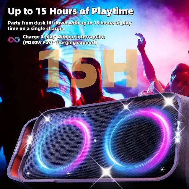 Alt view image 4 of 7 - Portable Bluetooth Speaker: 240W Peak Powerful Loud Sound Deep Bass Wireless Boombox Large Subwoofer 15 Hours Battery Life Fast Charging with Led Light Show for Party Outdoor Camping Backyard