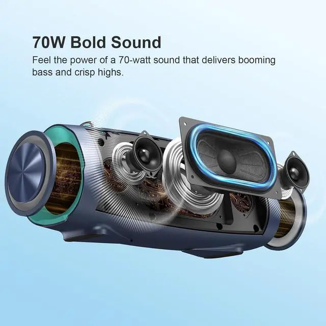 Alt view image 2 of 7 - Extreme Boom Pro D100 Bluetooth Speaker with 140W Peak, 70W Bold Sound, Extra Bass, 24H Playtime, Beat-Sync Lights, Built-in Battery Sha, IPX6 Waterproof, Portable Strap for Outdoor-Blue
