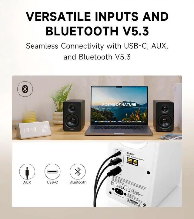 Alt view image 6 of 7 - M60 Multimedia Speaker Bluetooth 5.3, 66W RMS, Hi-Res Audio & Hi-Res Wireless Audio, LDAC,3" Mid Bass & 1" Tweeter, USB-C & Aux Inputs, Compact Desktop Speaker  Black