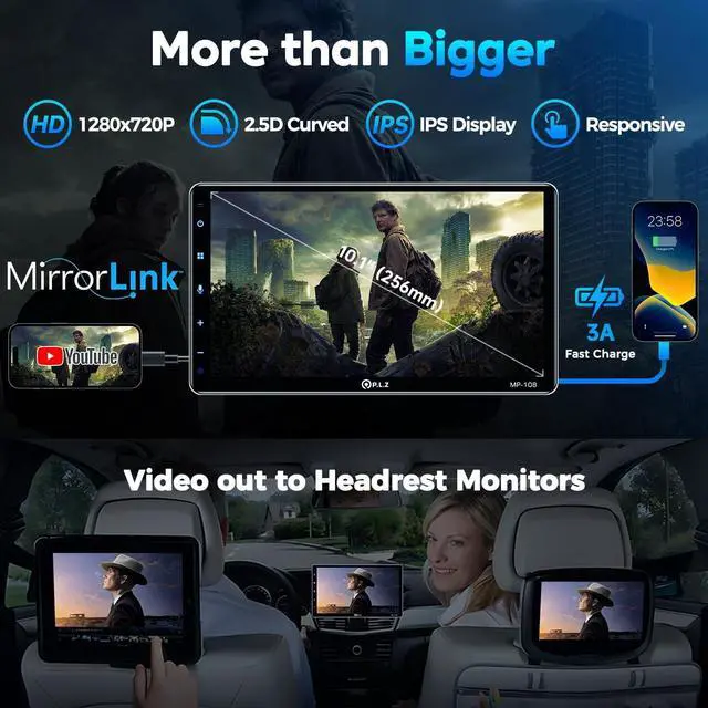 Alt view image 2 of 7 - 10.1" Wireless Single Din Car Radio Stereo with Apple Carplay Android Auto Touch Screen, Car Play Audio Receivers Headunit, Bluetooth 5.3, Backup Camera, 240W, 2 Subwoofers, Navigation, FM/AM, SWC